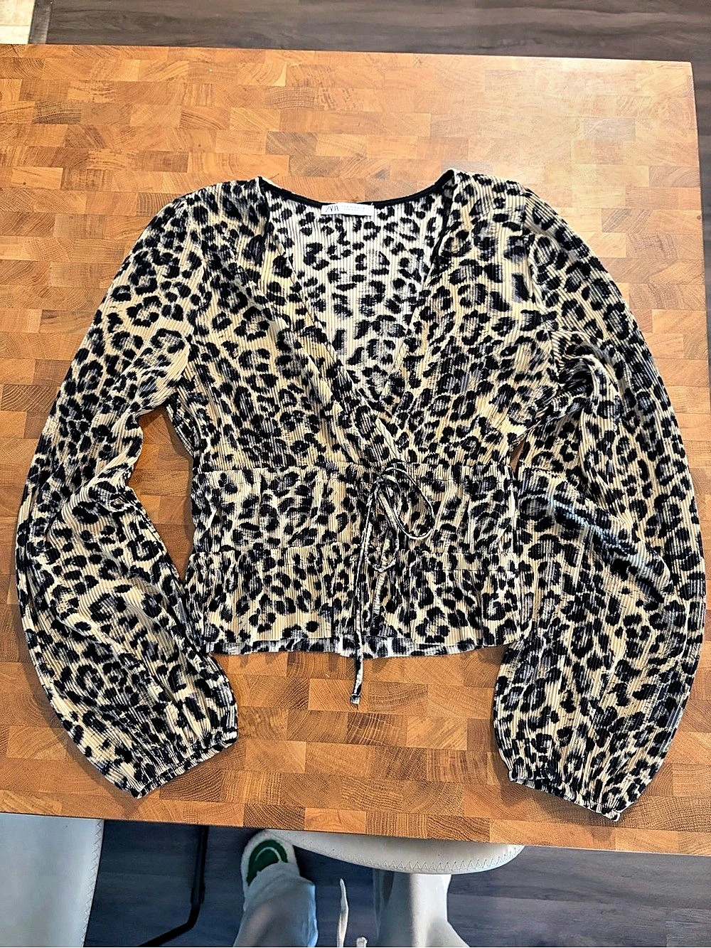 Zara Leopard Print Pleated Faux Wrap Top Blouse Size Medium